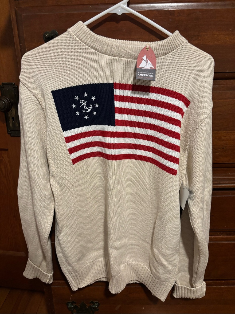 Kiel James Patrick Cream Crewneck Sweater with American Flag
